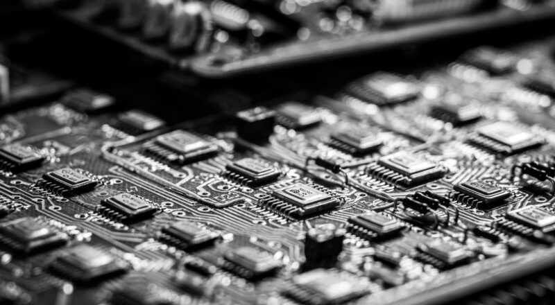 black and white photo of a circuit board